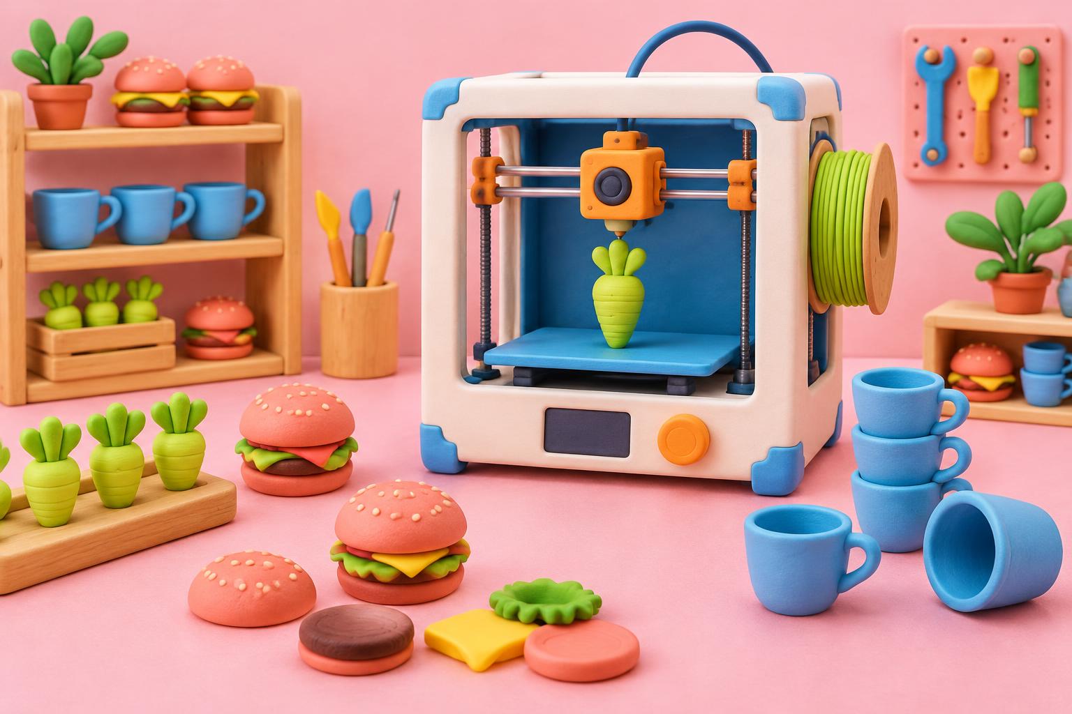 Мультяшна ілюстрація майстерні: 3D-принтер друкує іграшку